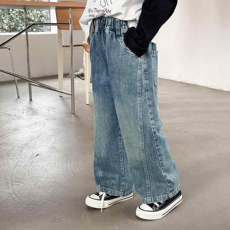 子供服 ジーンズ 男女兼用 デニムパンツ ロングパンツ ウォッシュ加工 サイド切り替え ストレートパンツ カジュアル かわいい 普段着 ミディアムウエスト 90cm 100cm 110cm 120cm 130cm 140cm 150cm 160cm
