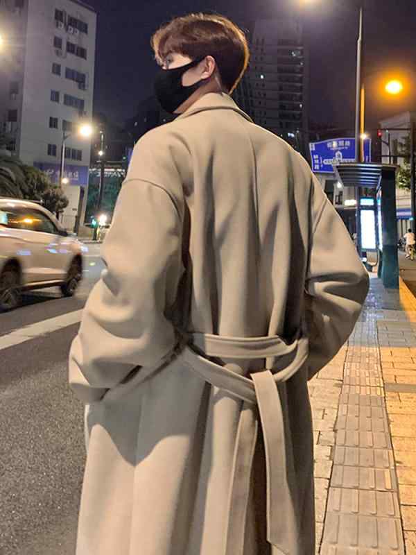 コート 男性用 ウール ロング丈 イングリッシュスタイル 無地 ベルト付き ブラック カーキ ゆったりサイズ 秋冬 日常
