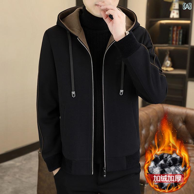 コート メンズ 男性用 ウール ミドル丈 フード付き 秋冬 厚手 無地 ビジネス 紳士服 アウター ブラック カーキ コーヒー色|イーマイショップ
