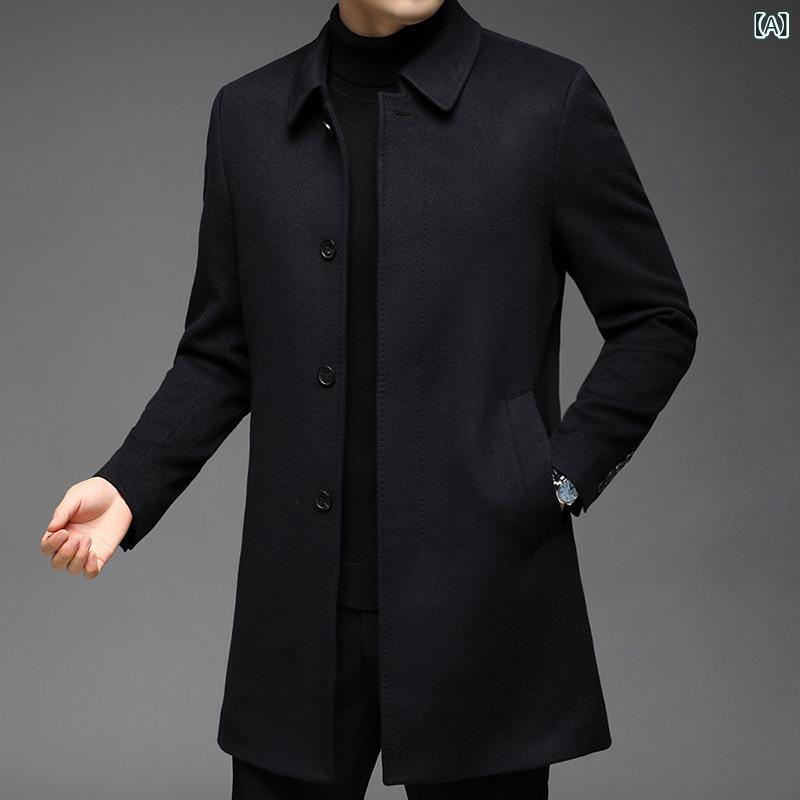 コート メンズ 男性用 ウールコート ミドル丈 100%カシミヤ 羊毛 秋 暖かい ビジネス 紳士服 アウター