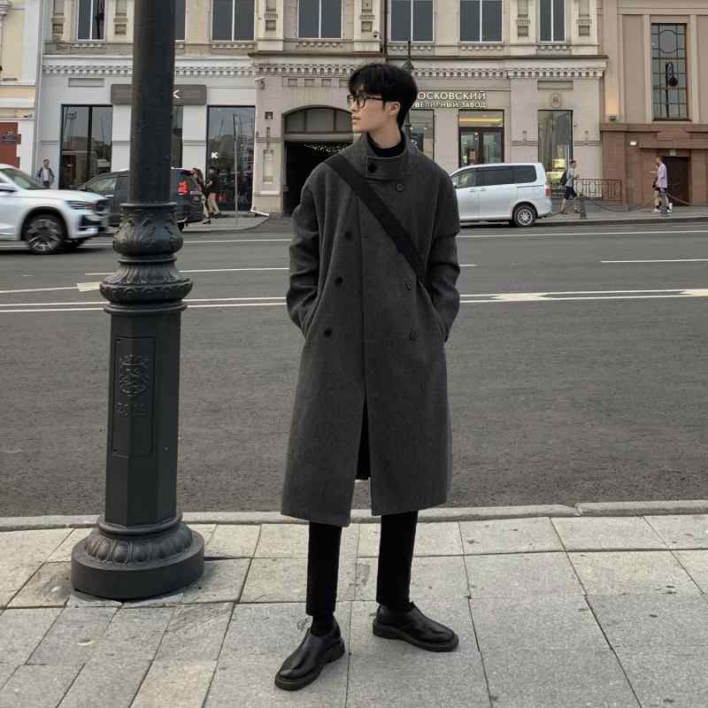 コート メンズ 男性用 秋冬 ウール ミドル丈 ロング丈 膝丈 ダブルブレスト テーラード 韓国風 グレー ブラック