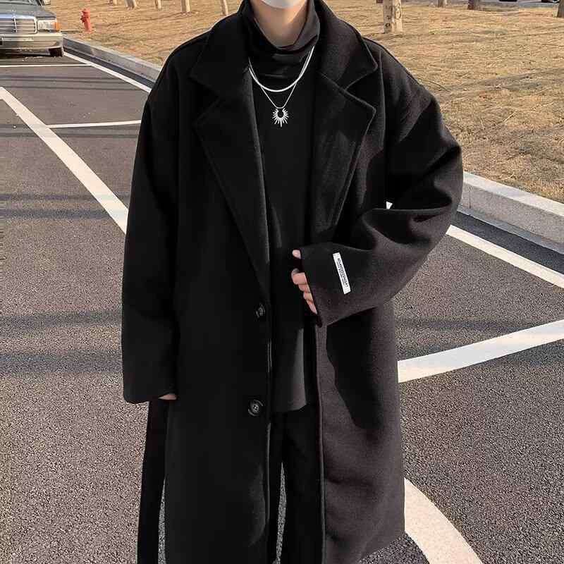 コート 男性用 ウール ロング丈 オーバーサイズ 厚手 無地 普段使い カーキ色 ブラック