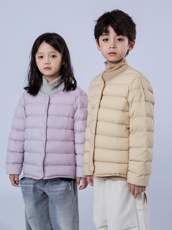子供服 アウター 羽毛ジャケット 薄手 軽量 キッズ 男の子 女の子 インナーダウン 合体型 無地 シンプル 春秋冬 8歳以上 140cm以上 ブラック アイボリー カーキ パープル 110cm 120cm 130cm 140cm 150cm 160cm
