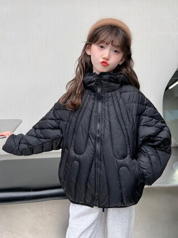 子供服 ガールズ 中綿入りジャケット 秋冬 防寒 暖かい フード付き ポリエステル ブラック ミルクホワイト アウター