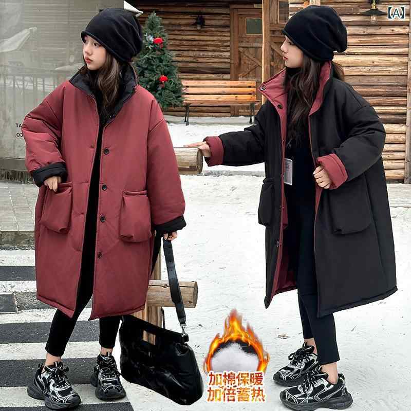 子供用綿入りジャケット ガールズ 秋冬 厚手 中綿 アウター 子供 冬 ミドル丈 ラウンドネック ブラック レッド リバーシブル 120 130 140 150 160 170