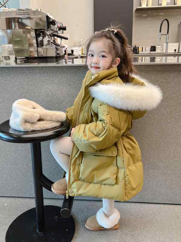 子供服 ガールズ 中綿入りジャケット 冬服 厚手 フード付き アウター 女の子 キッズ 防寒 暖かい かわいい 普段着 ポリエステル グリーン系