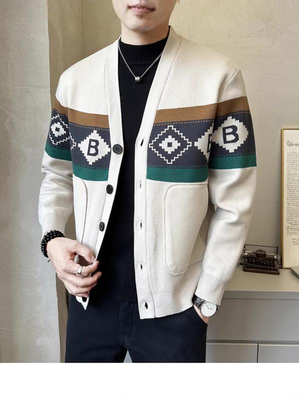 ニット カーディガン 男性用 秋冬物 レトロ 配色 Vネック 長袖 トップス ゆったり 普段使い 韓国風 ポリエステル