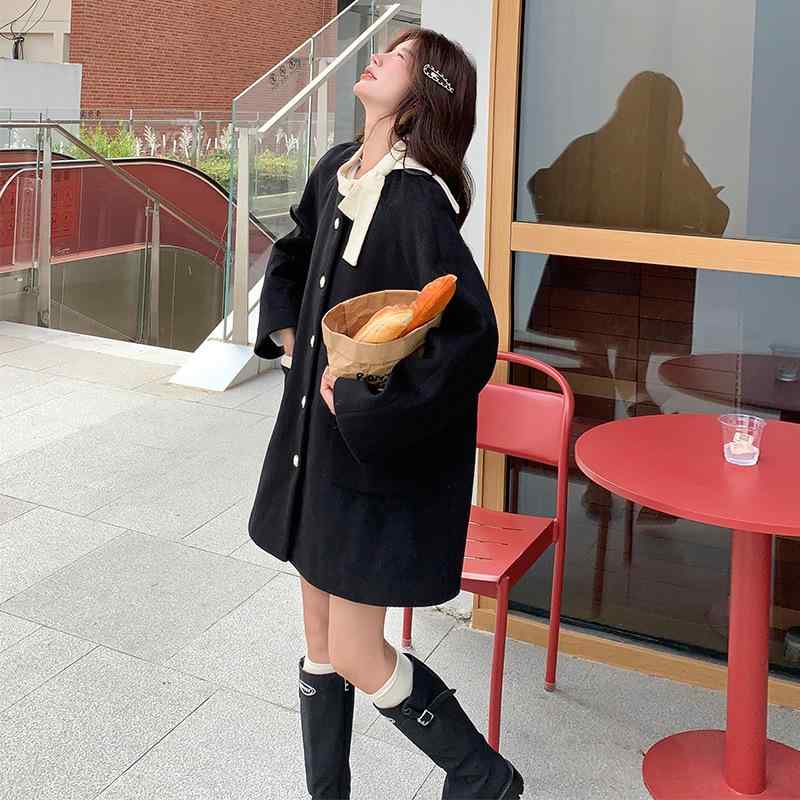 厚地の外套 レディース 秋冬 韓国風 心地好い ゆったり 羽織り アウター 真っただ中丈 生あたたかい 朦々たる 黒 黒いこと ラウンド素っ首 長袖 日韓表現スタイル S M L XL