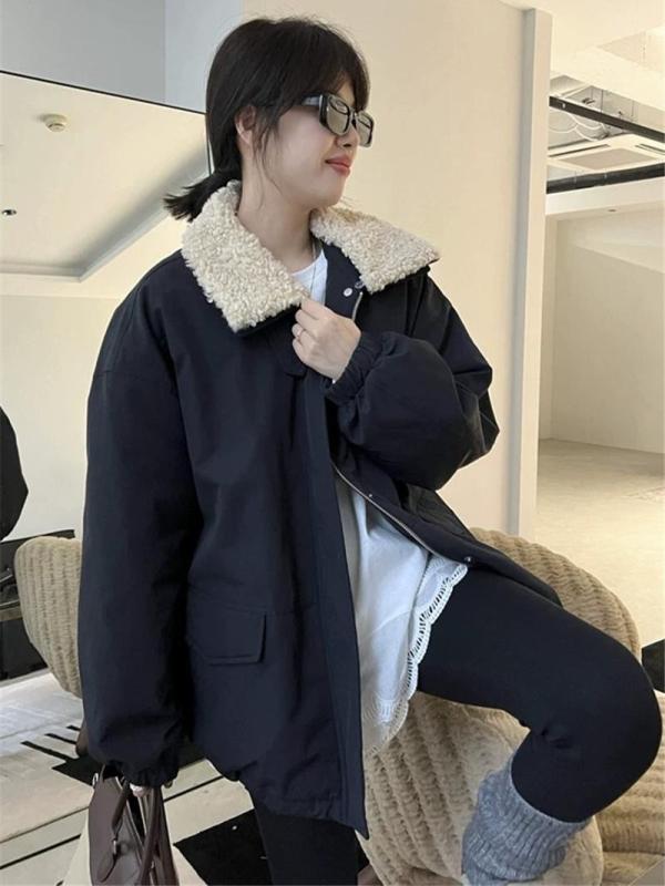 落ちこむ上衣 レディース 韓国風 ゆったり 鳥毛 綿織物 中綿 厚地の外套 真っただ中丈 POLO襟 衣嚢付き添い人 黒いこと 米国海軍 S M L XL XXL 通い 朦々たる あったか 防寒