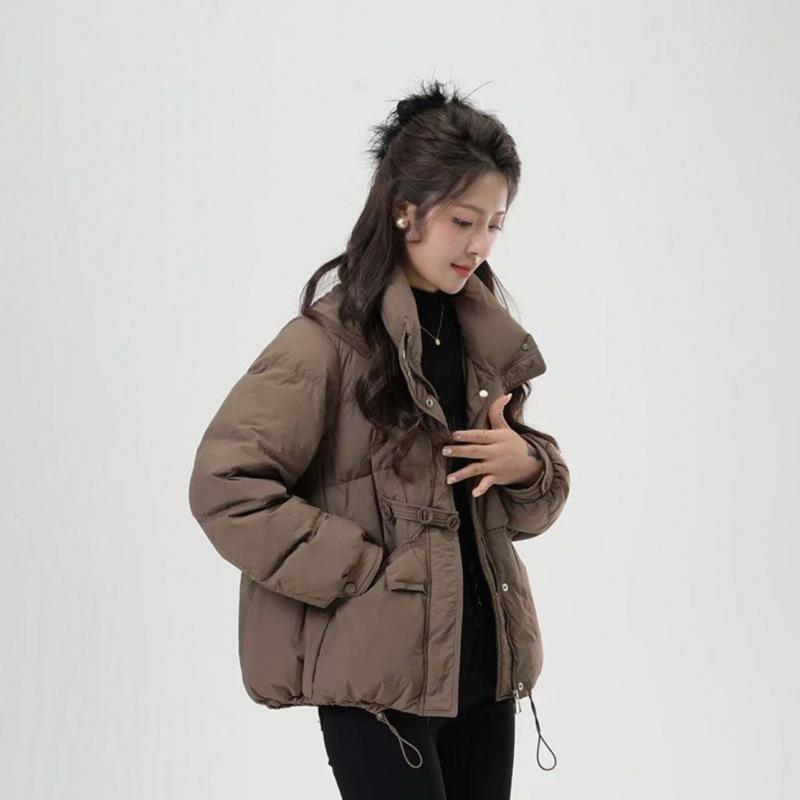 ダウンジャケット レディース 韓国風 厚手 スタンドネック パッド入り ショート丈 コート アウター 婦人服 ポリエステル 暖かい 秋冬 コーヒー色 黒 赤 オフホワイト カーキ