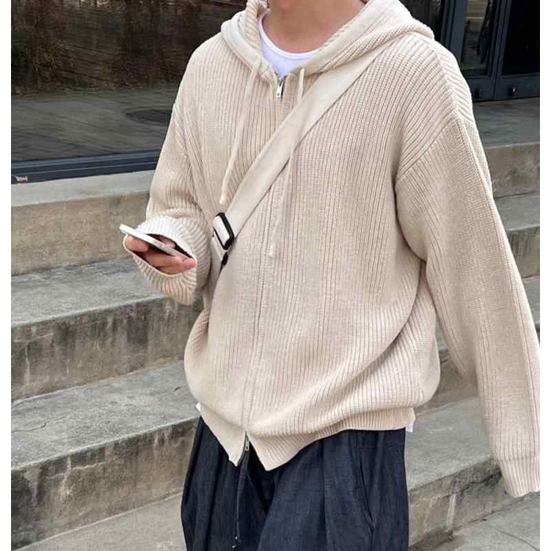 ニット カーディガン メンズ 秋冬 薄手 ジップアップ パーカー 無地 高級感 韓国 ファッション 羽織り ライトアウター トップス 普段使い デート の商品写真