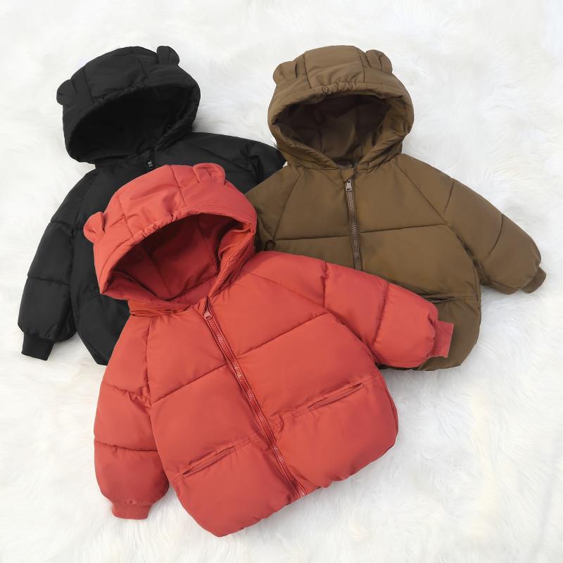 子供用綿入りジャケット キッズ 中綿入り コート 男女兼用 防寒 アウター ポリエステル 無地 厚手 フード付き カジュアル 秋冬 ブラック ダークブラウン ブリックレッド