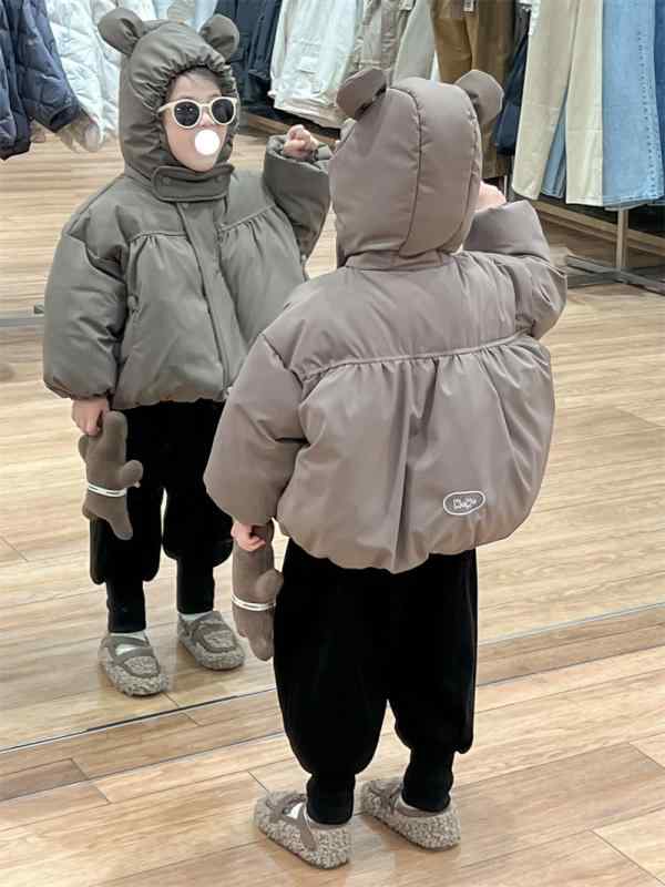 子供服 ガールズ ダウン風ジャケット 韓国風 子供用 アウター 冬 立体 小熊 耳 フード付き 中綿 防寒 90cm 100cm 110cm 120cm 130cm 140cm