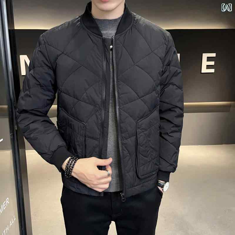 ダウンジャケット 男性用 野球襟 ライトダウン 防寒 暖かい アウター ショート丈 黒 オレンジ系 アーミーグリーン