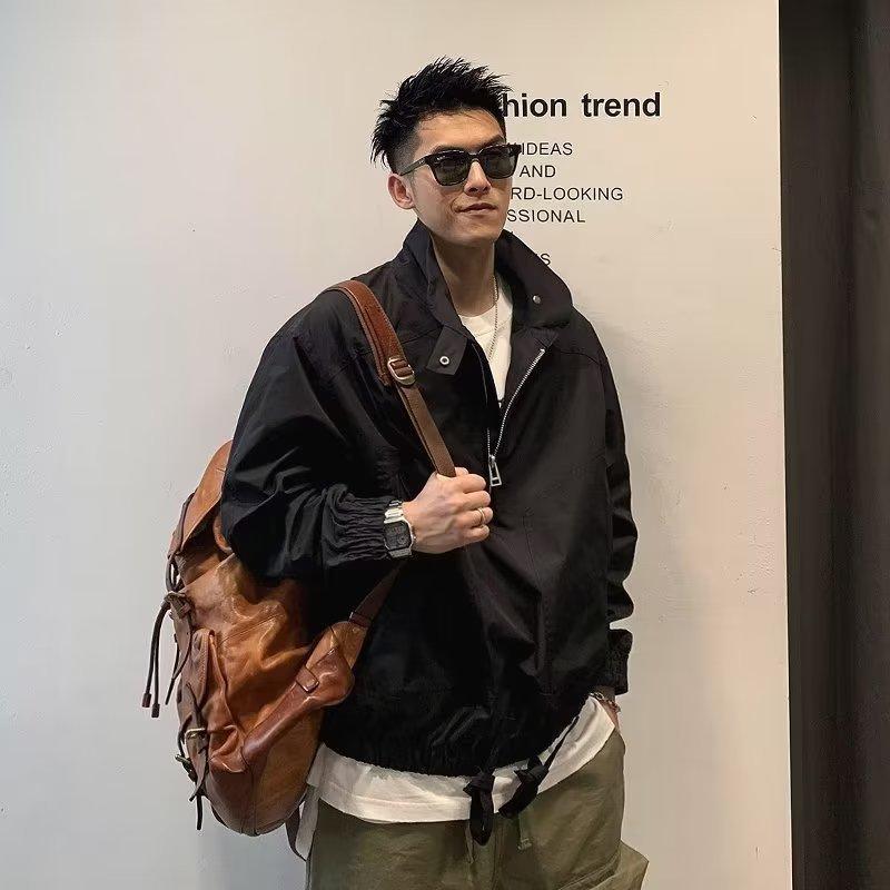 ジャケット 男性用 ショート丈 耐摩耗性 立襟 ワーク アウター カジュアル ポリエステル 無地 カーキ ブラック グリーン M L XL 2XL 3XL 春秋