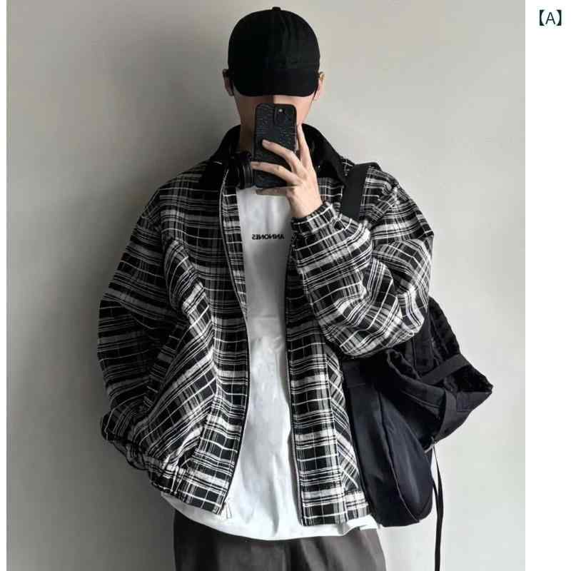 ジャケット 男性用 チェック柄 ブルゾン ゆったり 襟付き アウター 春秋 耐摩耗