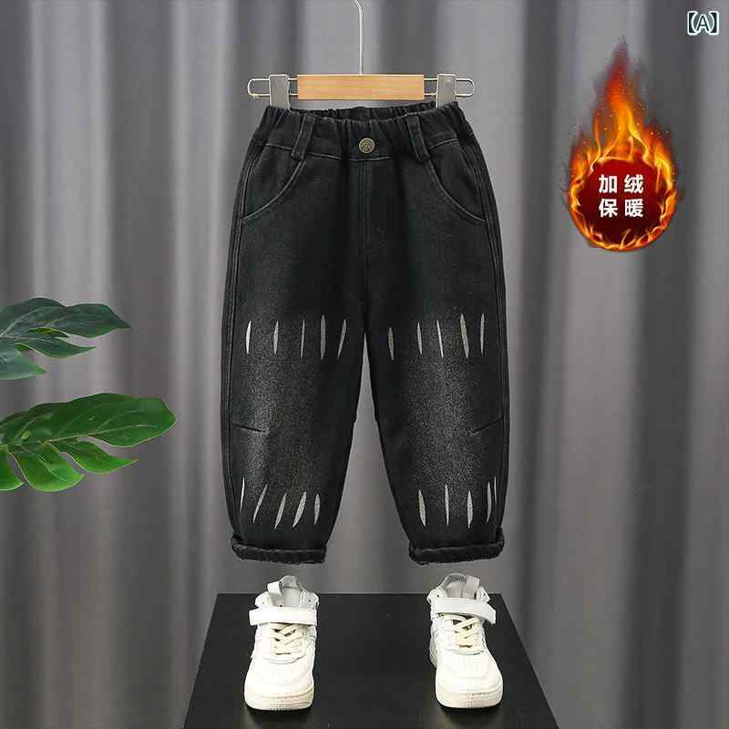 子供服 パンツ 冬用 裏起毛 ジーンズ 男の子 韓国風 デニムパンツ ズボン 長ズボン 80% 綿 伸縮性 普段使い 柔らかい 黒