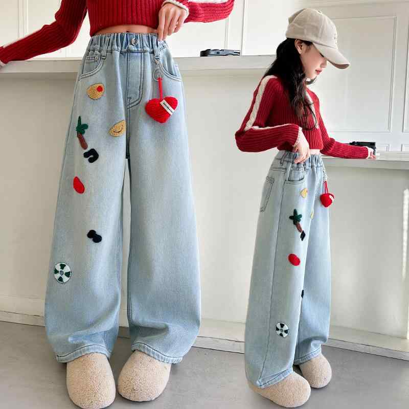 子供服 ジーンズ 女の子 デニムパンツ ワイドレッグパンツ ゆったり かわいい 高学年 ジュニア 春秋 ブルージーンズ デニム 長ズボン ジーパン ガールズ 女児
