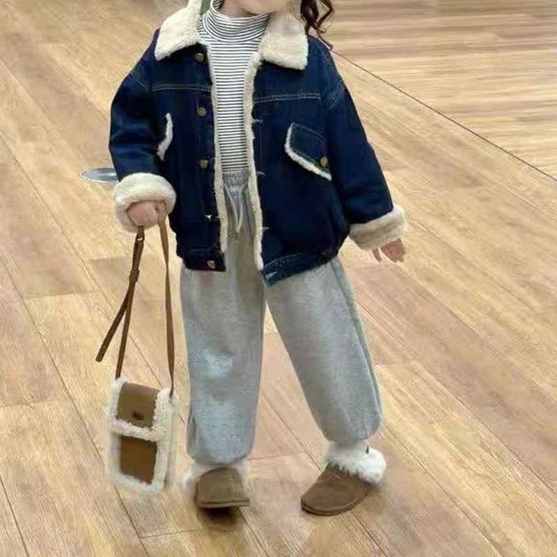 子供服 女の子 冬用 裏起毛 デニムジャケット パンツ 2点セット 厚手 防寒 普段着 韓国風 ガールズ セットアップ 上下セット デイリーウェア