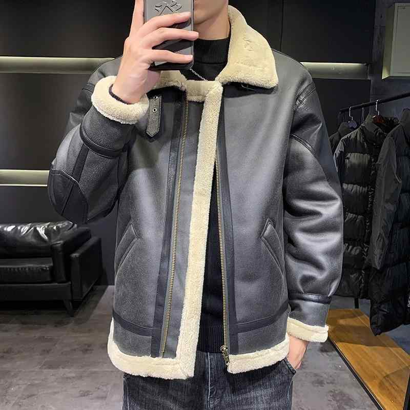レザージャケット メンズ 男性用 裏起毛 秋冬 羊羔? 襟付き カジュアル アウター 厚手 バイク 深緑 M L XL XXL XXXL 4XL 5XL