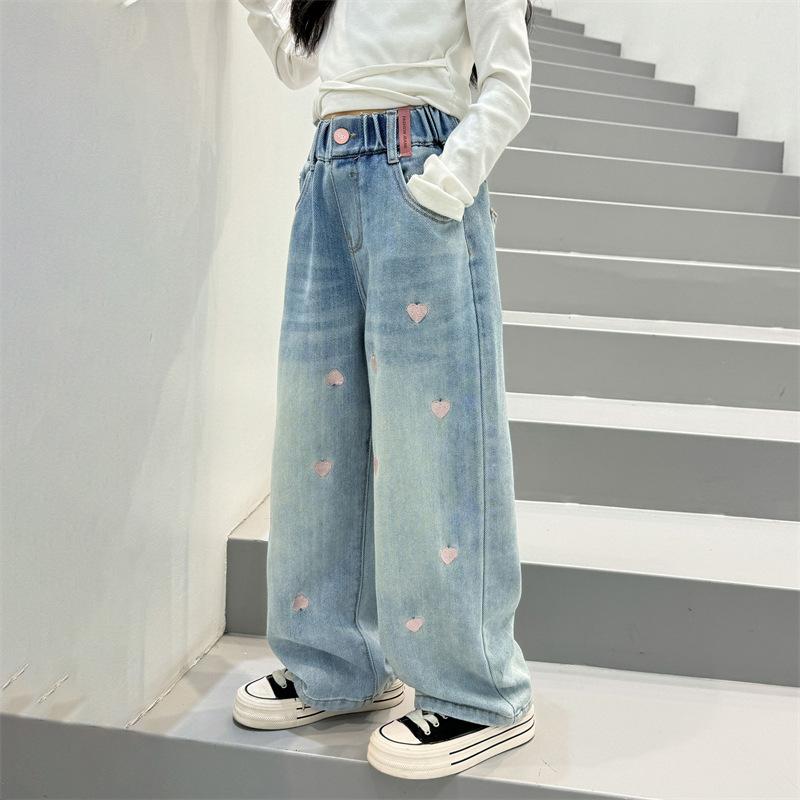 子供服 ジーンズ 女の子 デニムパンツ ワイドレッグパンツ 春秋 ロングパンツ 韓国風 ガールズ 女児 カジュアルパンツ ハート柄 ミドルウエスト 綿