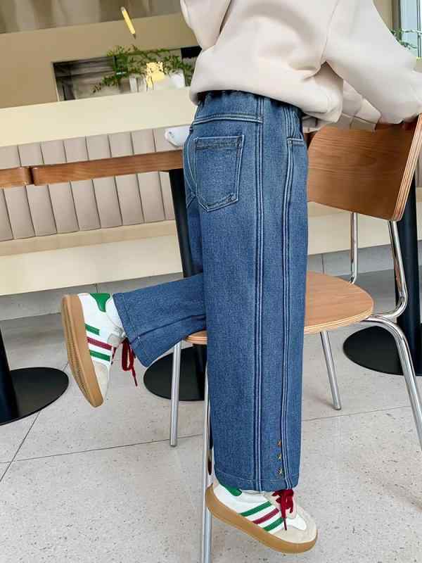 子供用 ジーンズ 秋冬 女の子 裏起毛 デニムパンツ ジーパン 女児 ガールズ ズボン ロングパンツ カジュアルパンツ 普段着 かわいい 伸縮性 ウエストゴム 綿