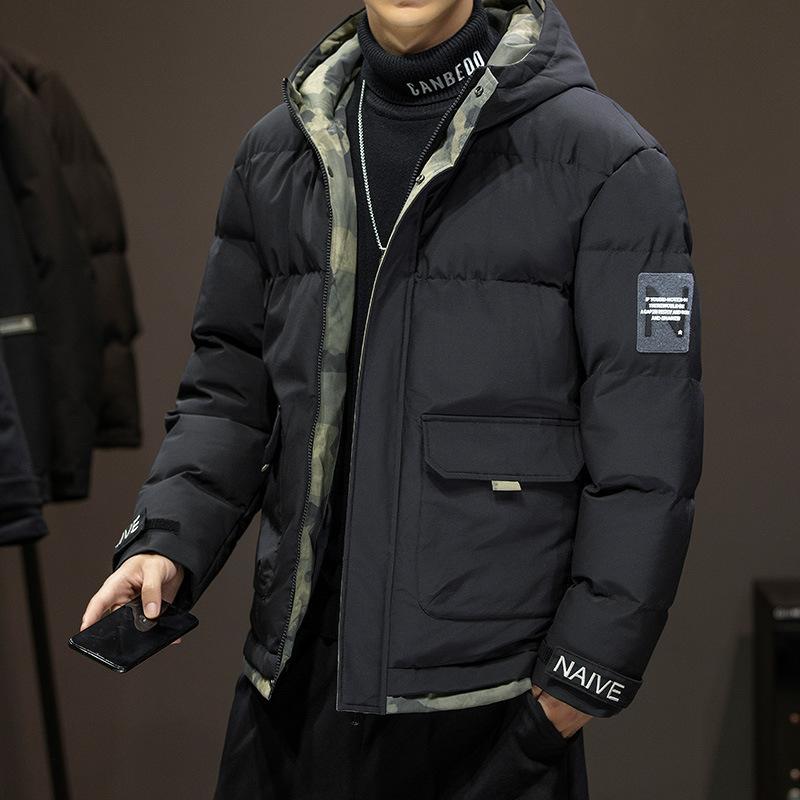 綿入り口・入口上衣 メンズ 秋冬 韓国風 細工物お召しもの 前掛け 上衣 ゆったり ボンネット付き添い人 朦々たる 遊撃手丈 ポリエステル カーキ色 黒いこと 浅青み