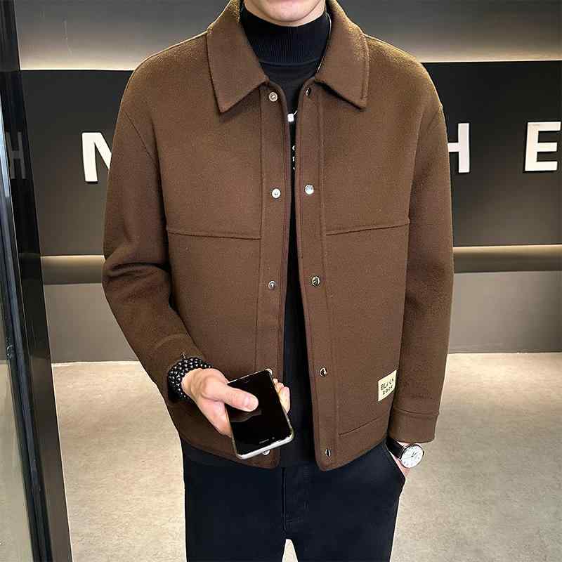 ジャケット 男性用 ウール混紡 ダブルフェイス 襟付き ブルゾン 紳士服 秋冬 防風 欧米風 ポケット付き コーヒー色
