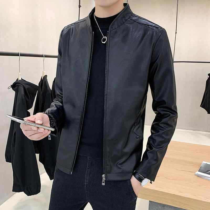 ジャケット 男性用 レザージャケット ショート丈 ライダースジャケット スタンドカラー スリムフィット PUレザー 春秋 多ポケット 黒 ブラック系