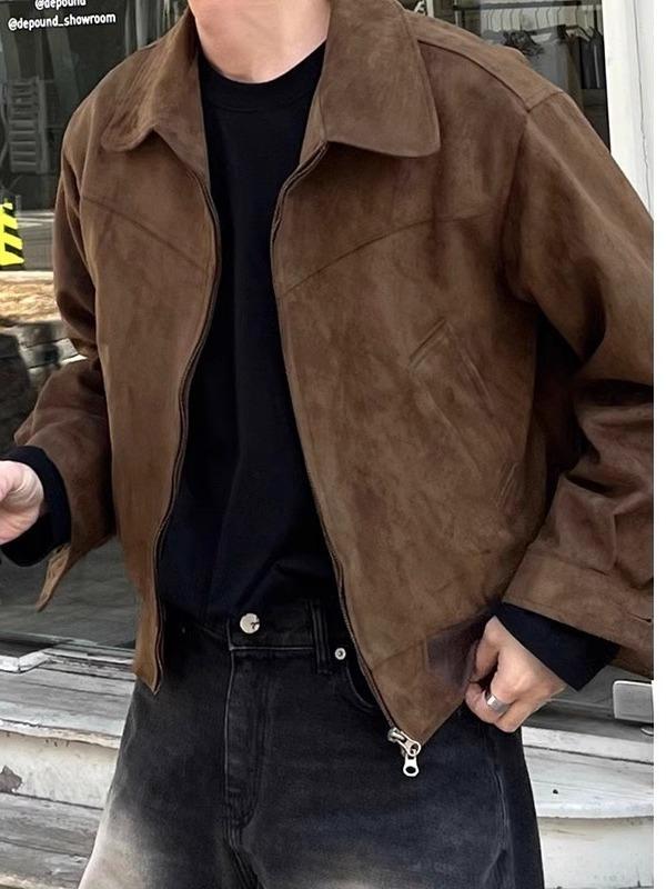 ジャケット 男性用 レトロ 棕色 スエード ブルゾン ジャンパー 防風 ポリエステル繊維