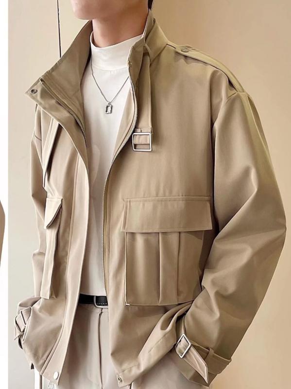 ジャケット メンズ 男性用 防風 ショート丈 ブルゾン 春秋 韓国風 ゆったり スタンドカラー レトロ ワークウェア カーキ ポケット