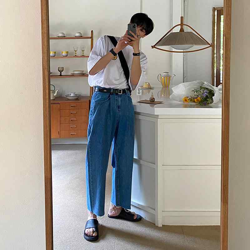 ジーンズ メンズ 男性用 ゆったり ストレート ロングパンツ 韓国風 デニムパンツ ウォッシュ加工