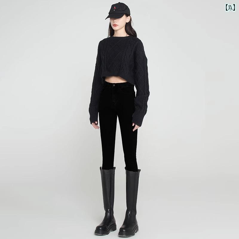 レディース 秋冬 デニムパンツ 韓系 タイト スリムレッグ ハイウエスト ペンシルパンツ 九分丈 厚手 粘着繊維 ナイロン 中弾性 ポケット ポケット付き ブラック 黒 百搭 普段使い 通勤用 部屋着 カジュアル デイリー 軽量 伸縮性 吸湿速乾 高級感