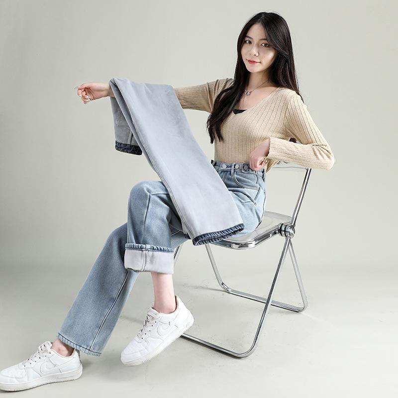 デニム レディース ハイウエスト 暖か裏起毛 ストレート ワイドレッグ ジーンズ ジーパン 韓国 ファッション ゆったり 体型カバー 美脚 着痩せ効果 カジュアル かわいい