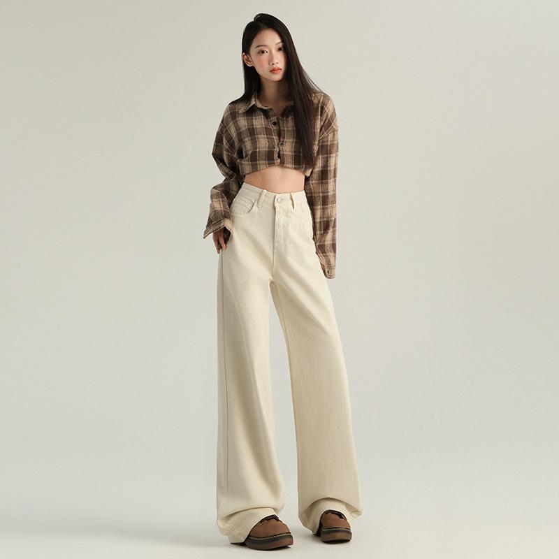 デニム レディース ハイウエスト ストレートパンツ 秋冬 長ズボン スタイルアップ ブラウン ベージュ ホワイト ピンク系 カジュアル きれいめ