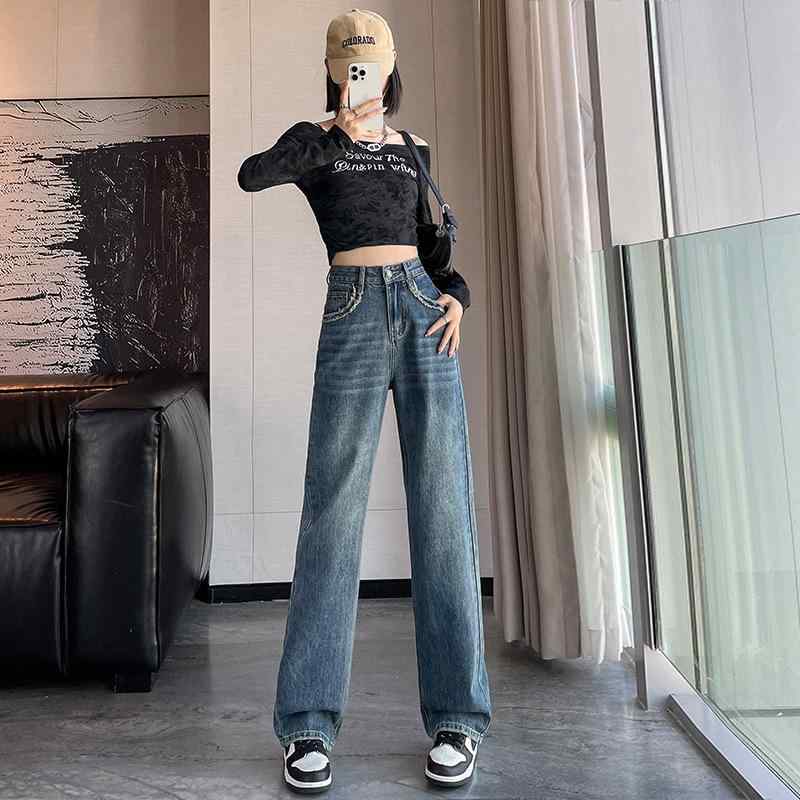 ジーンズ レディース 秋冬 高見え デニムパンツ ストレート ゆったり ハイウエスト 美脚 脚長効果 厚手 あったか 裏起毛 防寒 カジュアル 通勤 普段使い ブルー