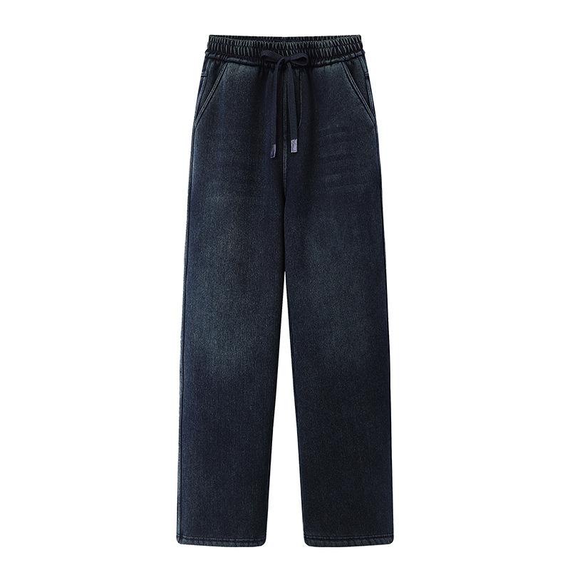 デニム レディース ジーンズ 裏起毛 暖パン ストレートパンツ M L XL XXL 黒 グレー 日韓 カジュアル 綿 ポリエステル 切り替え