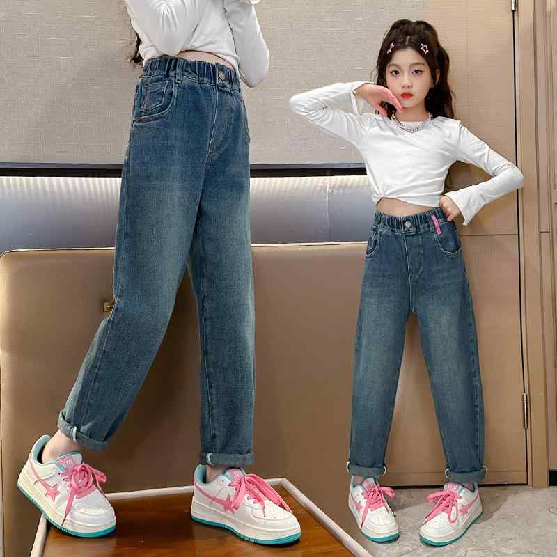 子供服 パンツ 女児 デニムパンツ 裏起毛 ハーレムパンツ ロングパンツ 8歳以上 140cm以上 冬 中厚手 無地 伸縮性 ウエストゴム 普段着