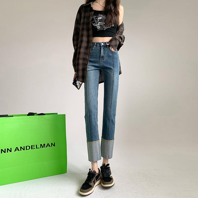 デニム レディース パンツ 切り替え ハイウエスト 直筒 ズボン 美脚 ストレッチ レトロ ブルー ブラック