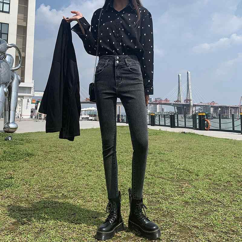 デニムパンツ レディース 春秋冬 韓国風 スキニーパンツ ハイウエスト 美脚 ストレッチ ブラック 黒 グレー 灰色 綿 無地