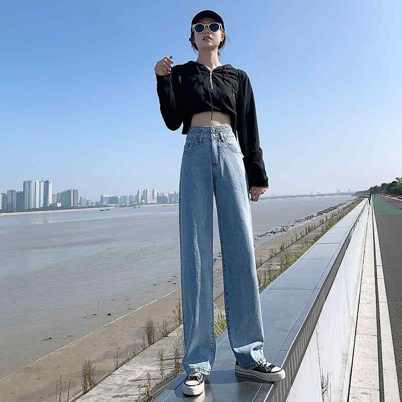 デニム レディース ワイドパンツ 高身長 ゆったり ストレート ジーンズ ジーパン ズボン ボトムス ハイウエスト 美脚 脚長 71%綿 80%綿 浅藍色