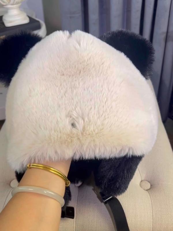 帽子 レディース 熊猫 パンダ かわいい 耳当て付き 秋冬 厚手 防寒 保温 ファー ふわふわ 韓国風 スキー スノーボード ベージュ ブラック