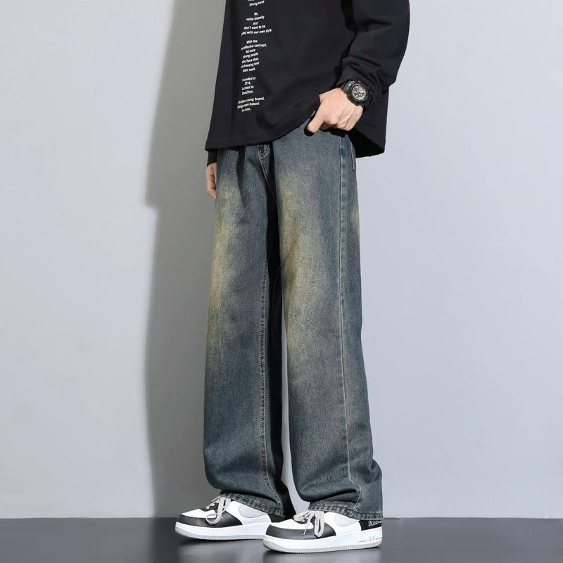 デニム メンズ ジーンズ ゆったり ストレート レトロ ワイドレッグ カジュアル パンツ ジーパン 普段使い 伸縮性 ブラック系