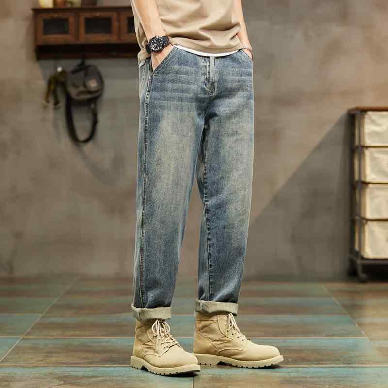 デニム メンズ ストレートパンツ ゆったり カジュアル ロングパンツ ウォッシュ加工 ジーパン ボトムス 男性用 スプリング 秋 ブラック グレー ブルー