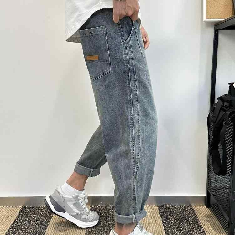メンズ 牛仔パンツ 秋冬 ワイドレッグ ハーレム ローライズ 九分丈 小脚 韓国風 綿素材 65% 中弾力 水洗加工 刺繍 系紐 ミドルウエスト 日常 カジュアル ストレッチ ライトウェイト ブルー グレー デニム ストレッチパンツ ルーズフィット コッ