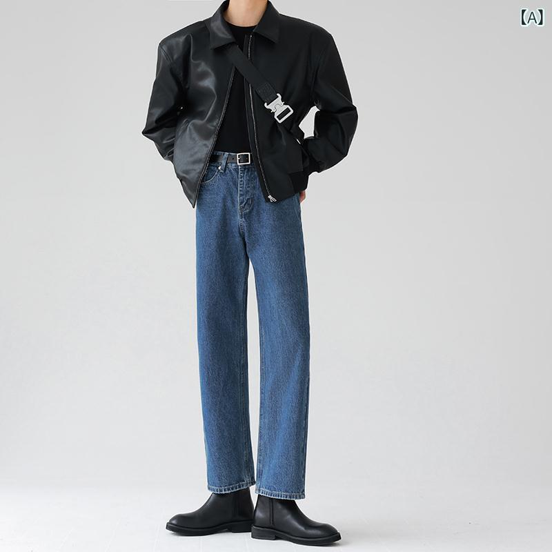 デニム メンズ ルーズフィット ストレートパンツ ウォッシュ加工 ジーパン ロングパンツ カジュアルパンツ ゆったり ヴィンテージ加工 ブルー ブラック