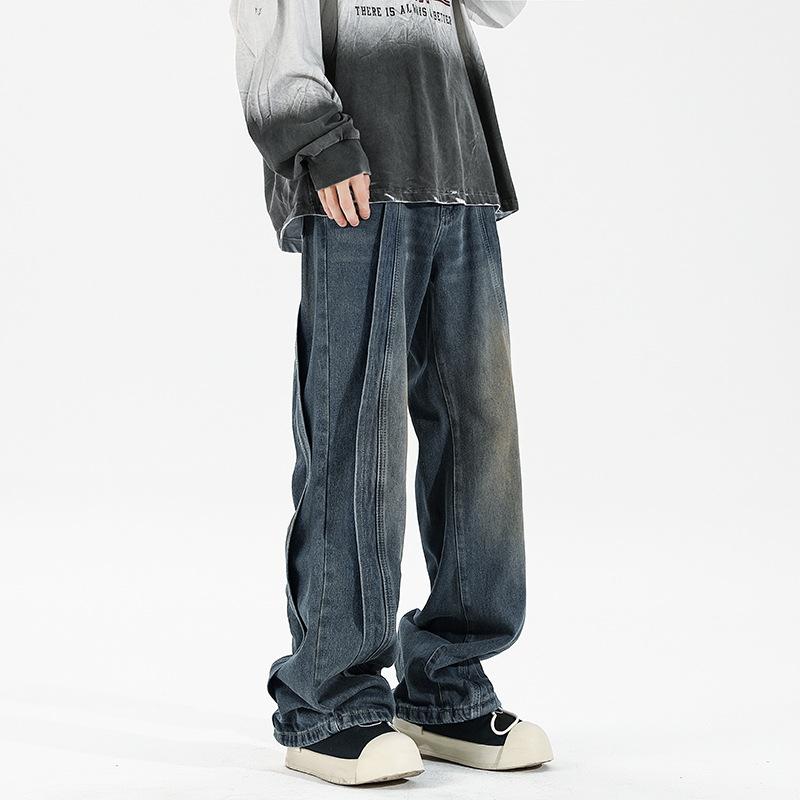ジーンズ メンズ 秋冬 加長 ストレート ワイドレッグ デニムパンツ 高身長 男性用 ゆったり ジーパン ウォッシュ加工 コットン 黒 グレー ブルー