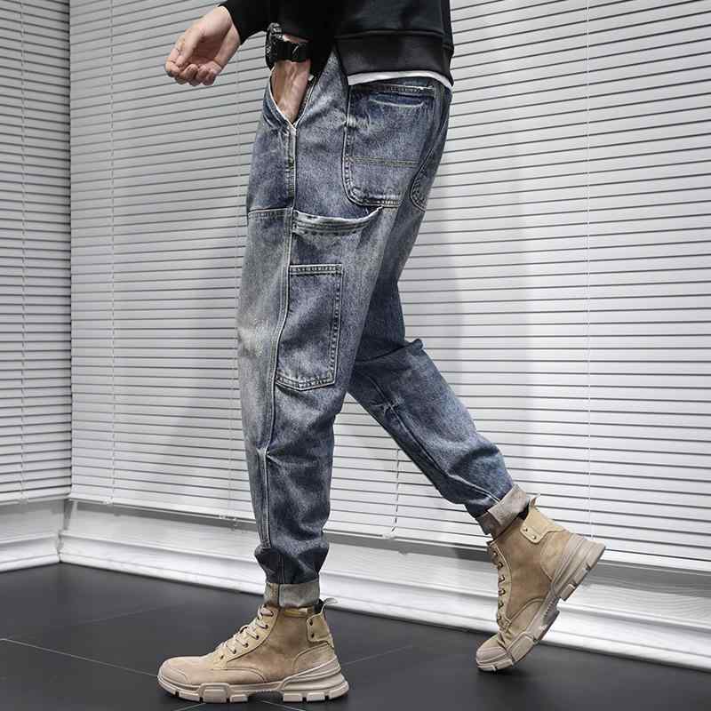ジーンズ メンズ 男性用 ワークパンツ 秋冬 ゆったり 大きいサイズ レトロ ストレート テーパードパンツ ズボン ジーパン デニム 厚手 ブルー ブラック