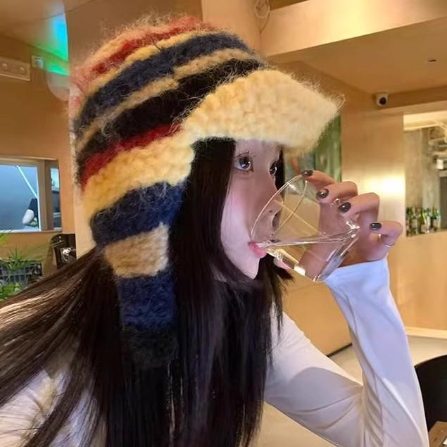 ニット帽 レディース 秋冬 防寒 耳あて付き レトロ ストライプ 切り替え パイロットキャップ 暖かい かわいい おしゃれ 韓国風