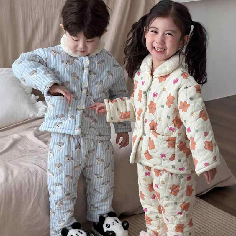 子供用パジャマ 上下セット 冬用 韓国風 かわいい 暖かい 厚手 裏起毛 ベビー キッズ 部屋着 ルームウェア クマ アニマル ストライプ 綿90%